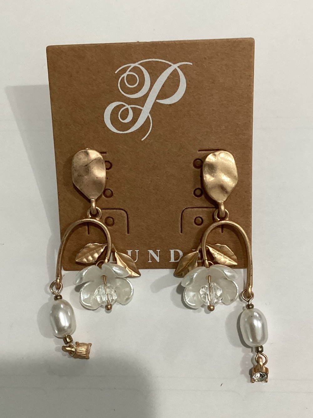 Plunder Gold-Tone Floral Drop Earrings with White Pearl Accents